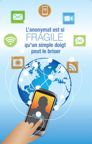 Affiche sur l'anonymat numérique: "L'anonymat est si fragile qu'un simple doigt peut le briser".